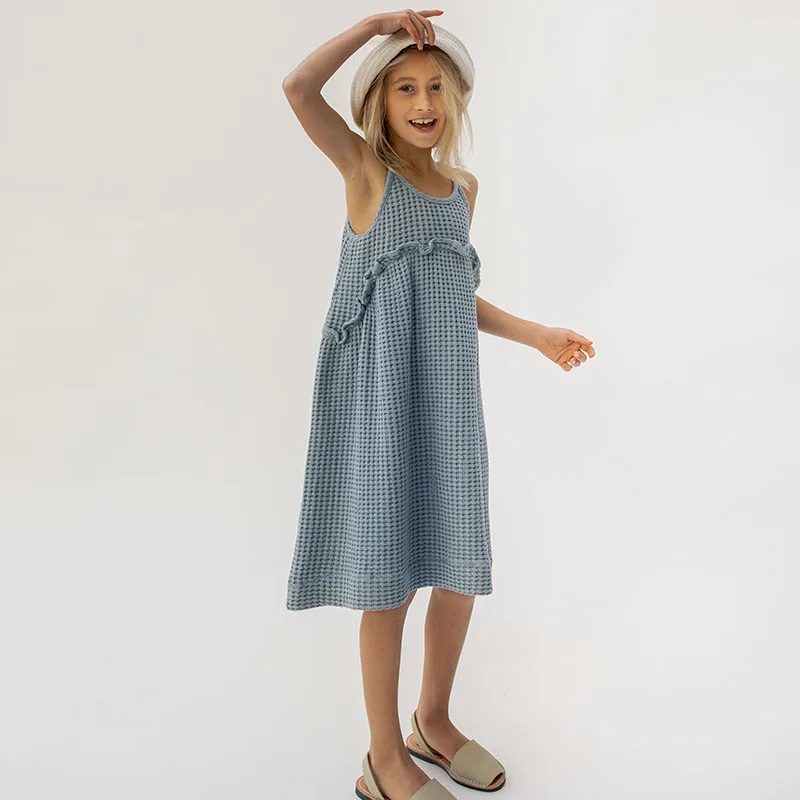 

Girls Waffle Sleeveless Dress 2023 Summer New Teen Girl Beach Holiday Spaghetti Strap Dress With Frill TZ100