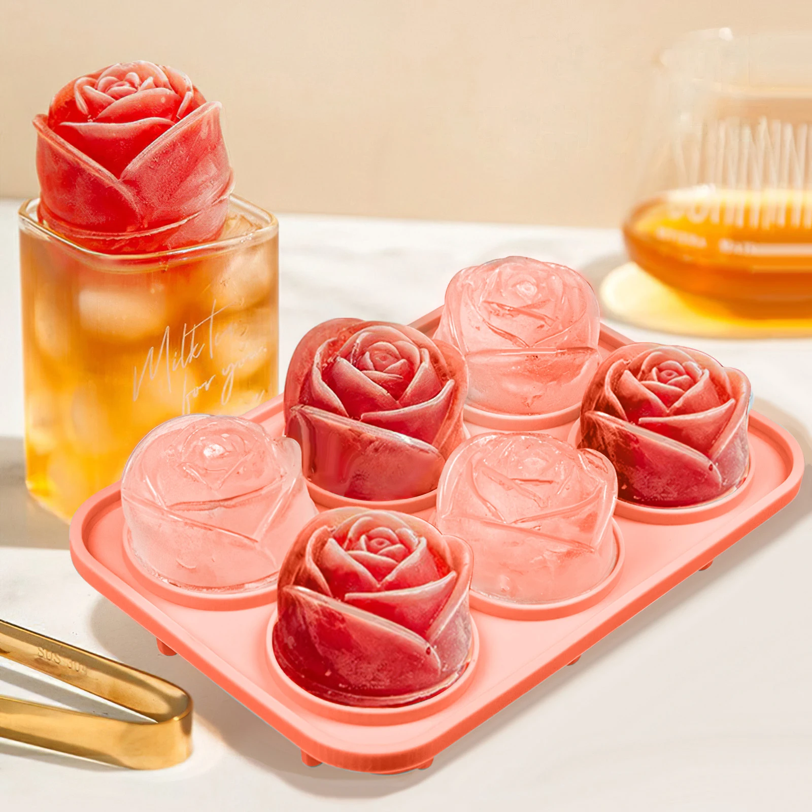 

6 Even Rose Frozen Ice Block Mold DIY Home Kitchen Cold Whiskey Silicone Ice Lattice Milk Tea Ice Grinding Box Kitchen Supplies