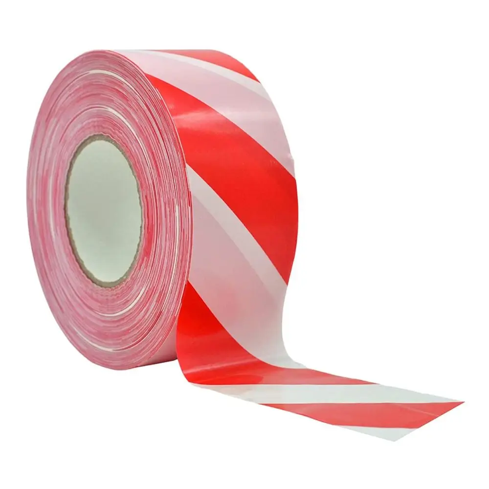 Ruban de balisage adhésif sécurité rouge et blanc, 5cm x 1m, enroulé et prêt à l'emploi.