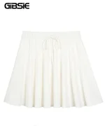 GIBSIE Plus Size Preppy Style Pleated Short Skirt Women Summer High Waist Drawstring Solid Waffle Casual A-line Mini Skirts