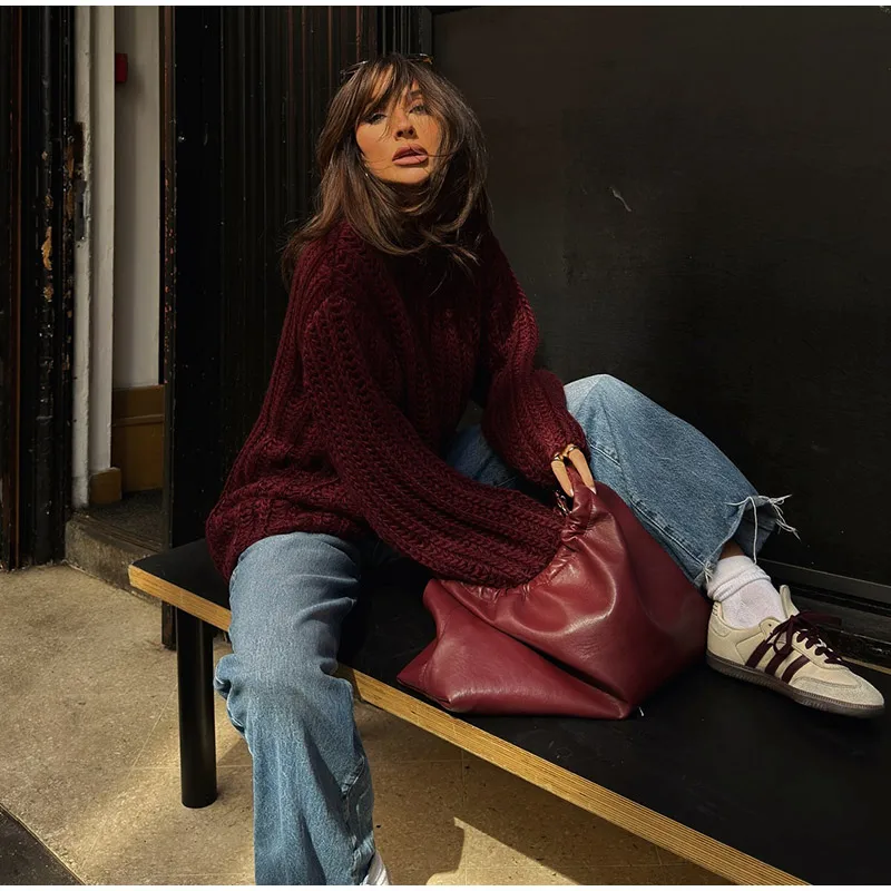 Casual Knitted Solid Mid Long Sweaters Women Loose O-neck Long Sleeve Dark Red Pullover Sweaters Female Autumn Chic Street Tops