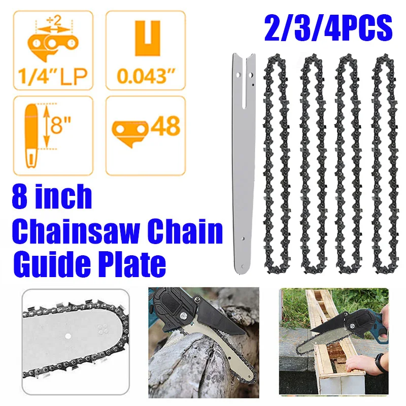 2/3/4 PCS 8 inch Metal Chainsaw Chain 1/4" Pitch 48 DL 0.043" Gauge 24 Cutters Electric Saw Kit Replacement Blades & Guide Plate
