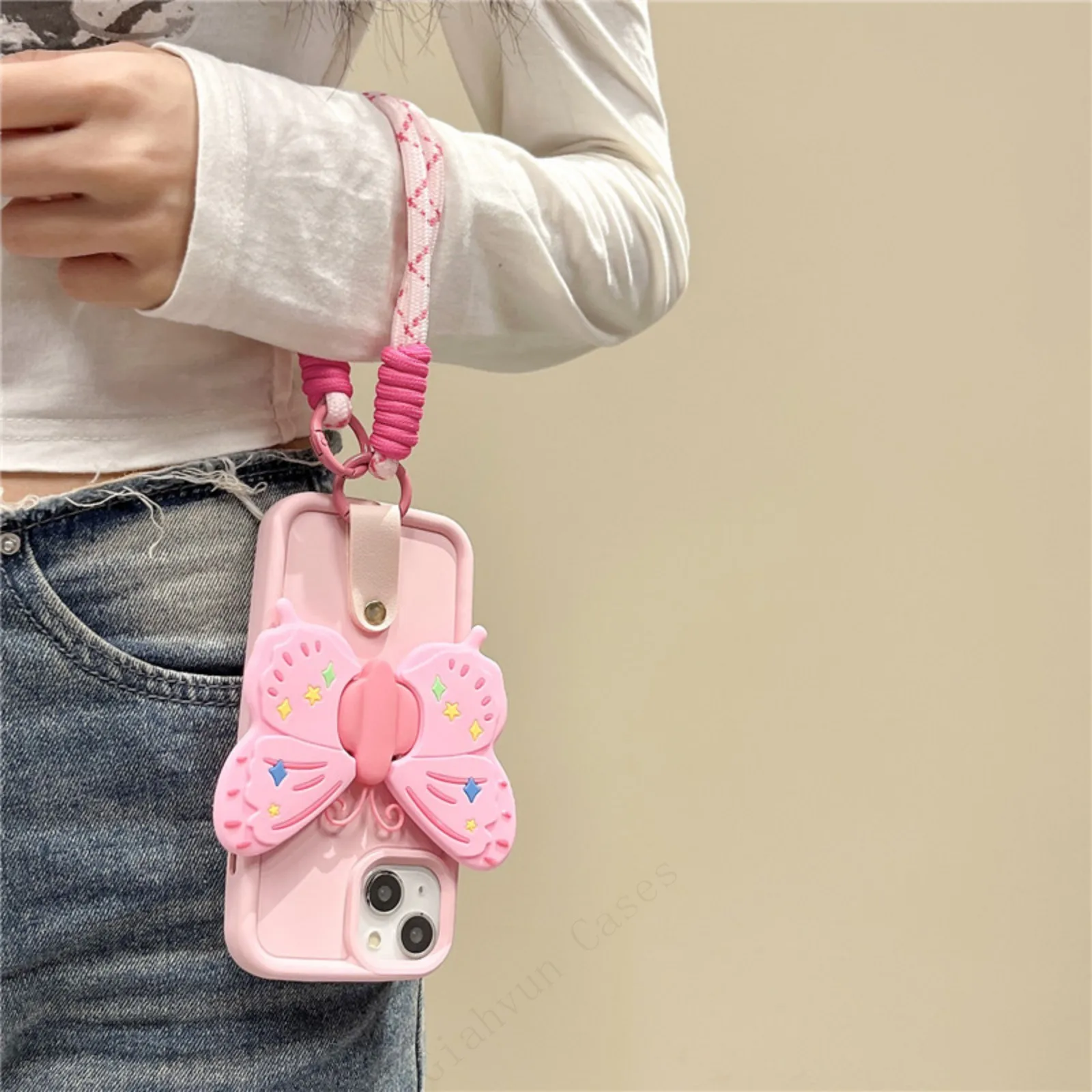 3D Cute Bee Butterfly Anti-lost Lanyard Chain Strap Holder Phone Case For iphone 15 14 X XR XS 1113 Pro Max 12 Pro 7 8 Plus Gift