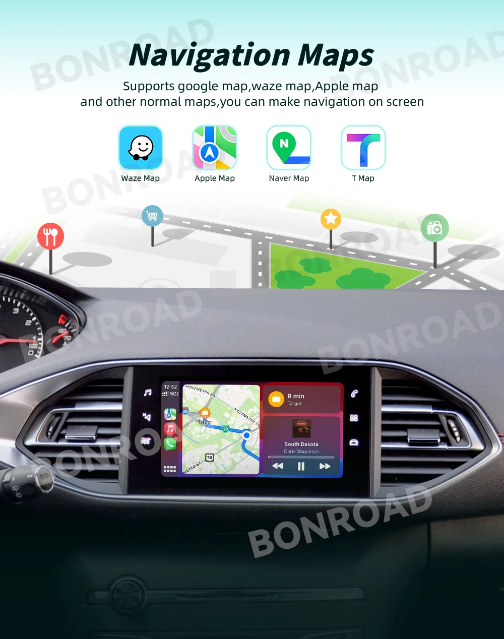 Bonroad Wireless Carplay Android Auto Airplay Autolink Per Peugeot Citroen SMEG MRN Picasso C4 C5 DS4 DS3 308 508 208 3008 – Detail 2