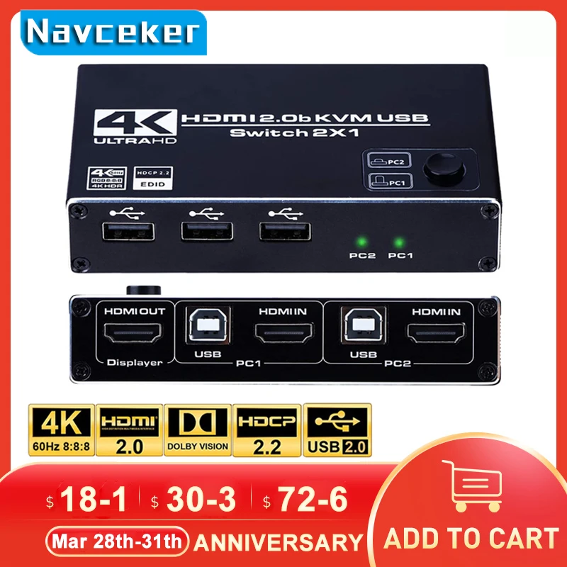 2022 Switch Kvm 4K 60Hz Hdmi 2 Porte Hdmi Kvm Switch Usb Pc Computer Kvm Switch Tastiera Mouse Switcher Box Per Laptop,Ps4,Xbox