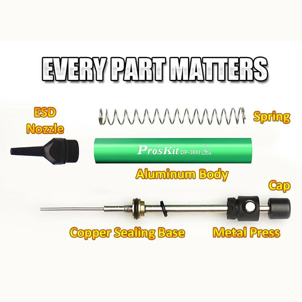 Pro'sKit DP-366I Mini aluminum alloy tin sucker Anti-static Desoldering Pump Compact Size Powerful Suction desoldering suction pump desoldering pump tin pump electrothermal solder sucker desoldering tool