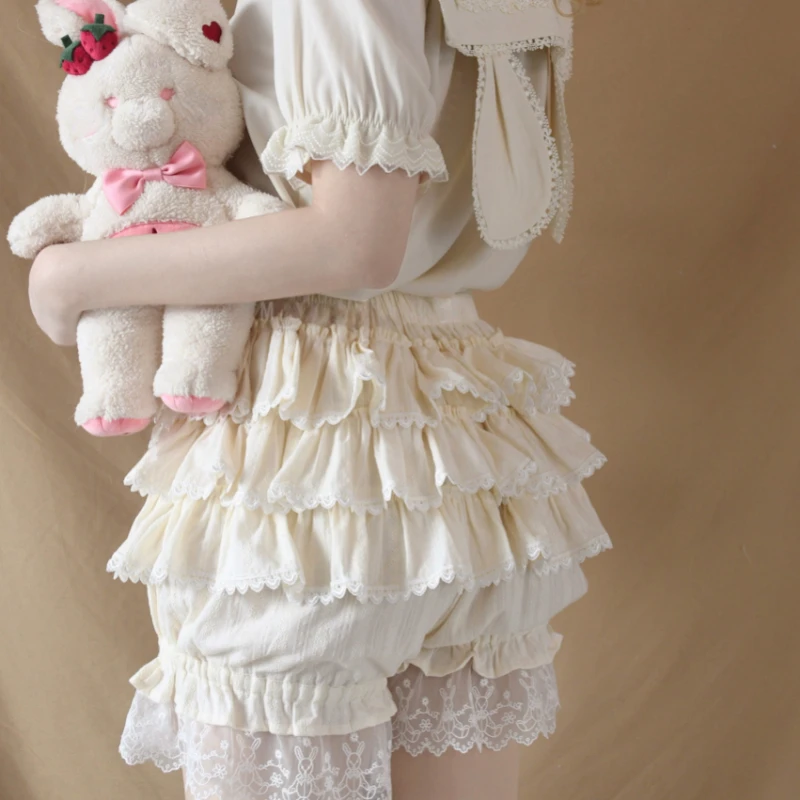 Sweet Lolita Safety Shorts Pink Girl Kawaii Lace Ruffle Cotton Underwear Tiered Pumpkin Short Pants Victorian Gothic JK Bloomers