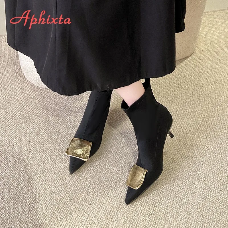 Aphixta 5cm Thin Heels Ankle Boots Elegant Woman Modern Boot Pointed Toe Concise Stretch Fashion Women's High Boots