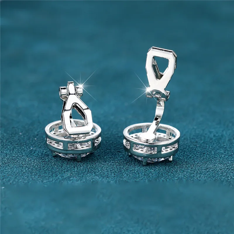 Classic Four Claw Round Stone Clip Earring Luxury Crystal White Zircon Earrings For Women Men Simple Trendy Silver Color Jewelry