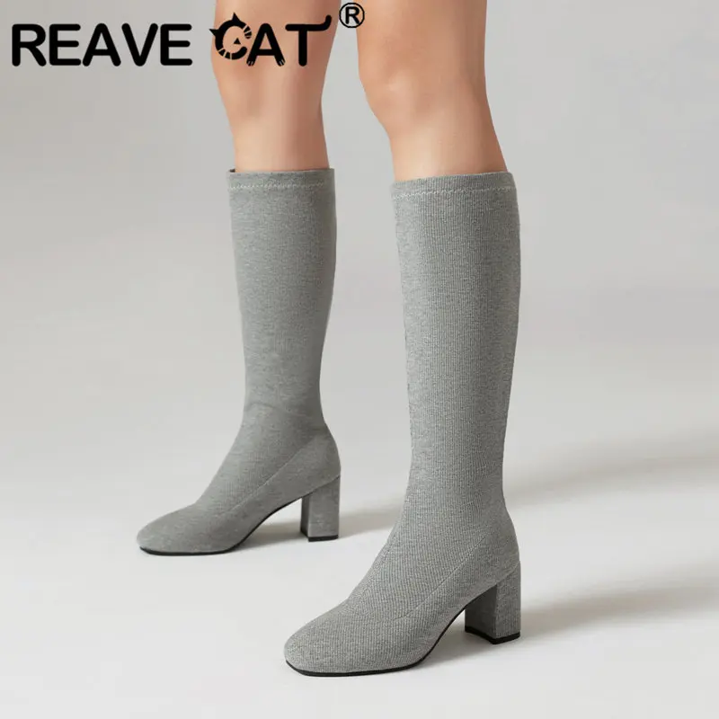 

REAVE CAT Stretch Boots for Female Flock Round Toe Block Heels 6cm Slip On Big Size 42 43 Concise Dating Female Knee High Booty