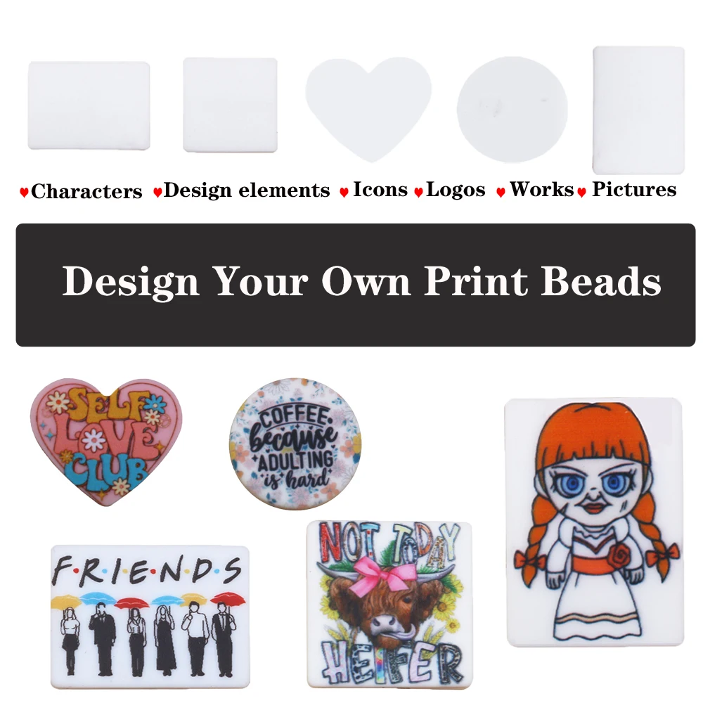 

Free Custom Characters Design Picture Logo Works 500Pcs Silicone Focal Beads Print Round Heart Rectangle Square For Making Pens