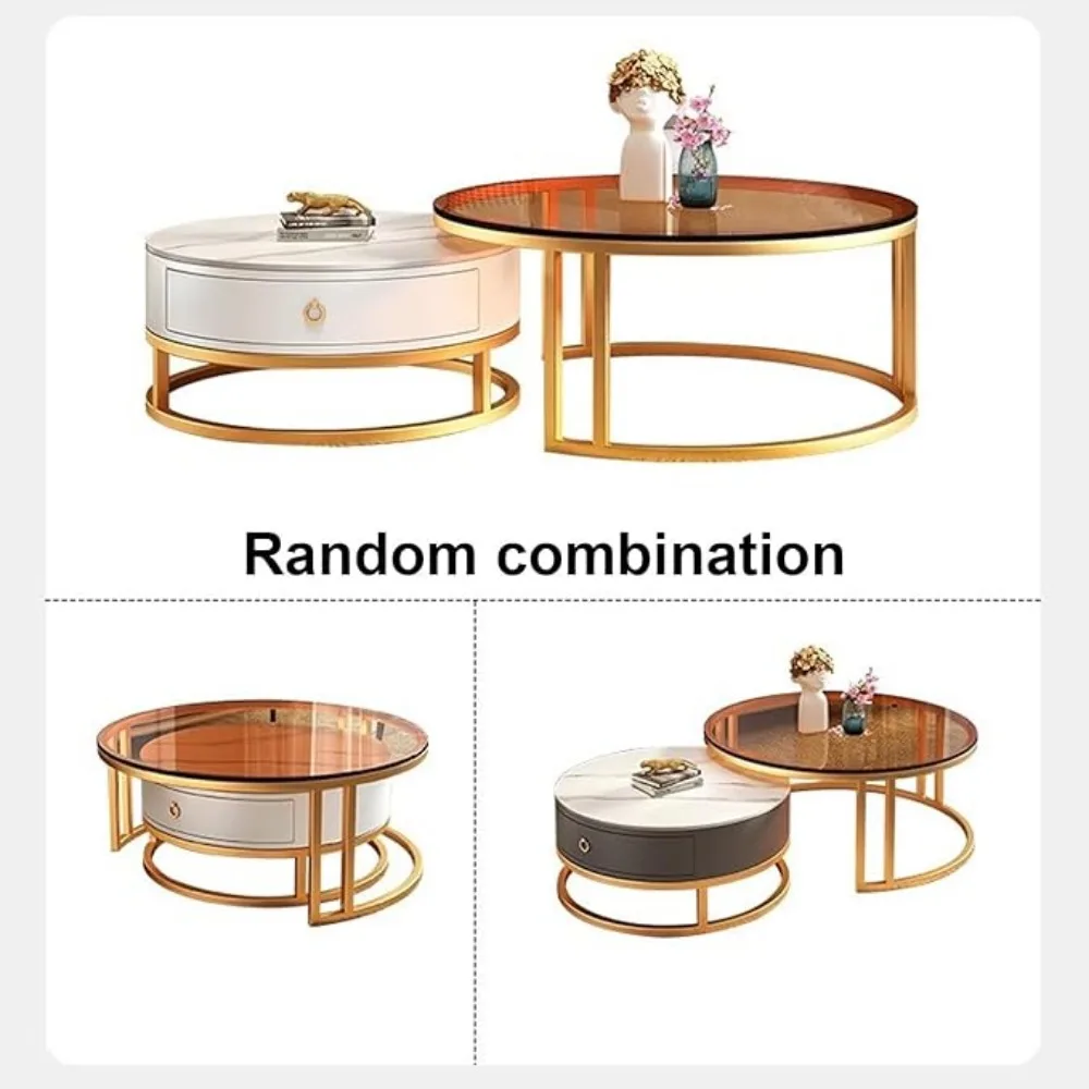 Modern Nesting Coffee Table with drawer,round,soild wood tabletop，metal frame,simple Sliding design tea table for Living Room 3