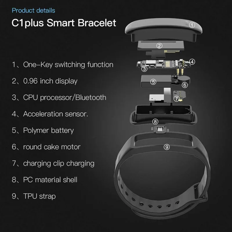 Lenovo Smart Bracelet C1 Plus Bluetooth Fitness Tracker Sports Step Counting Heart Rate Blood Pressure Monitor Waterproof Unisex