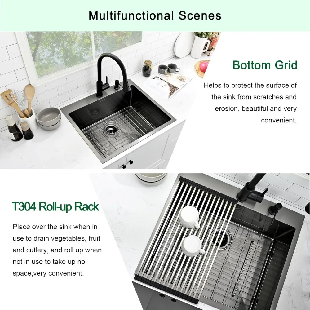 Kitchen Sink, 25x22 Inch, Single Bowl, Top Mount, 16 Gauge T-304 Stainless Steel, Gunmetal Black