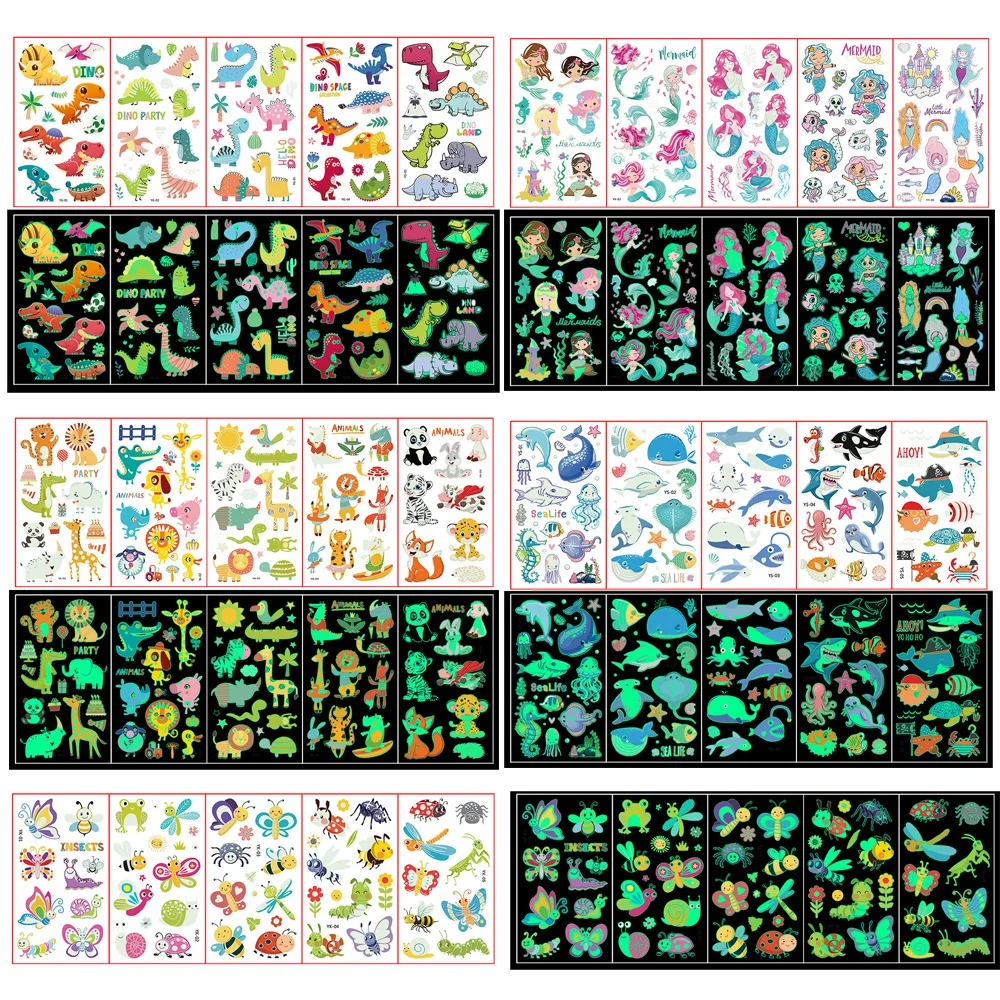 5 Sheets/Set Children Cartoon Luminous Tattoo Sticker for Kids Arm Face Glowing Tattoo Animal Dinosaur Mermaid Design music festival luminous tattoo sticker rock band concert nightclub bar performance birthday party luminous sticker