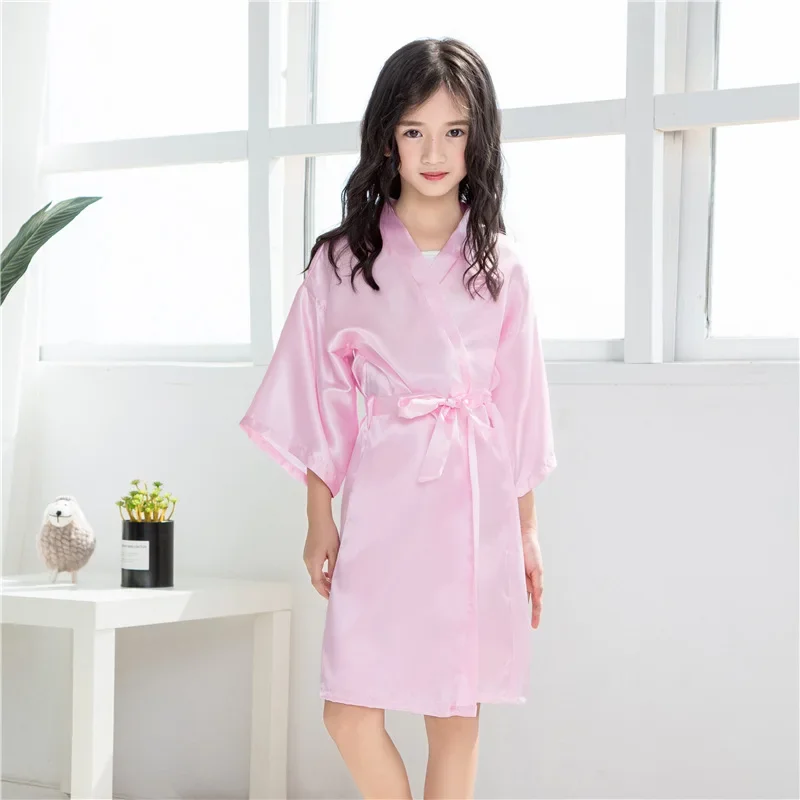 Girls Robes For Kids Solid Silk Satin Robes Children Bathrobe Sleepwear Bath Nightgown For Wedding Spa Party Birthday