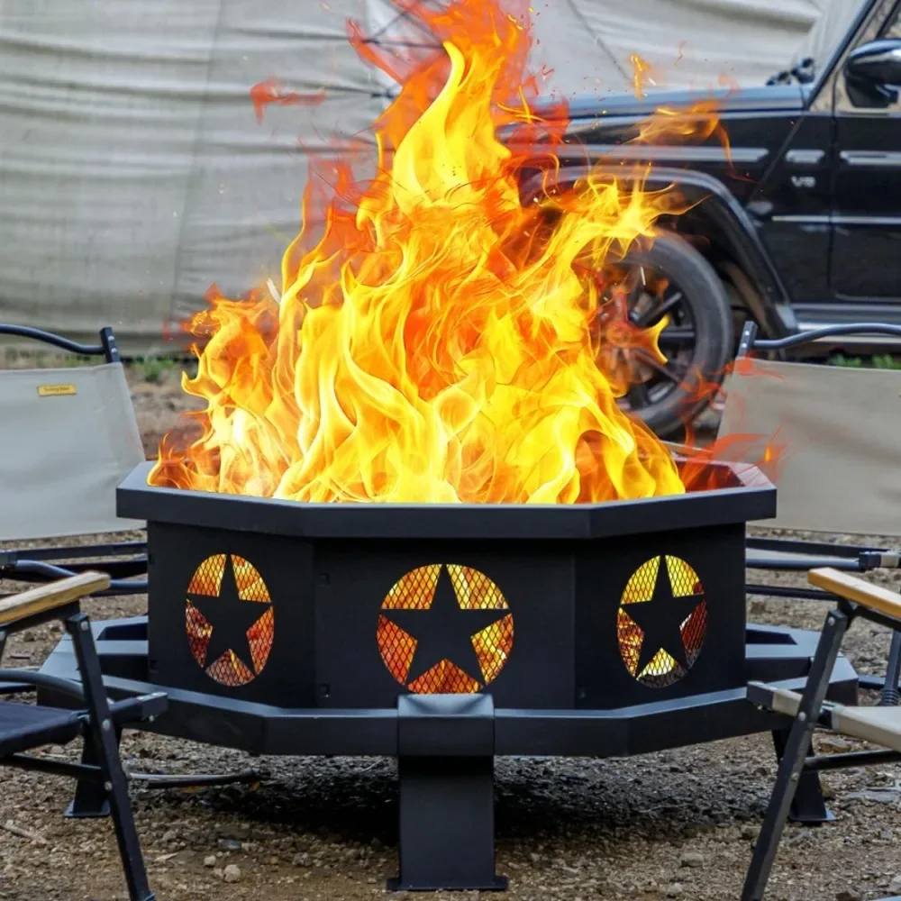 42 inch Fire Pit for Outside, Heavy Duty Wood Burning Fire Pits with Poker, Outdoor Octagonal Firepit for Camping, Yard, Pa