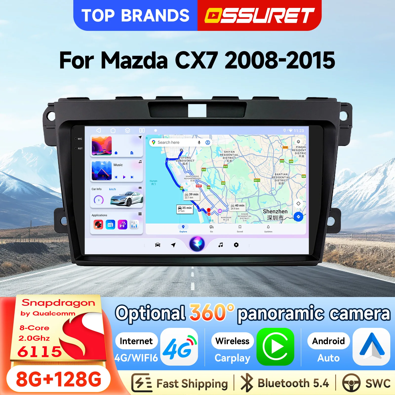 OSSURET Gran Oferta, Radio de Auto con Navegación GPS Android 14 de 9 Pulgadas y 2 Din para Mazda CX7 2008-2015, Unidad Principal con Snapdragon 6115, CarPlay Inalámbrico, Android Auto, SWC, Octa Core, DSP, 4G LTE, Wifi, Bluetooth, Reproductor de Audio y Video para Auto, Opcional 360 °   Reproductor Multimedia para Auto con Cámara 1