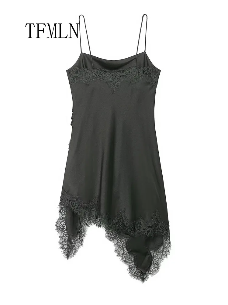 Sexy Women Lace Patchwork Pleated Dress Elegant Chic Sleeveless Camisole Dress Asymmetrical Party Dress 2026 Spring Summer