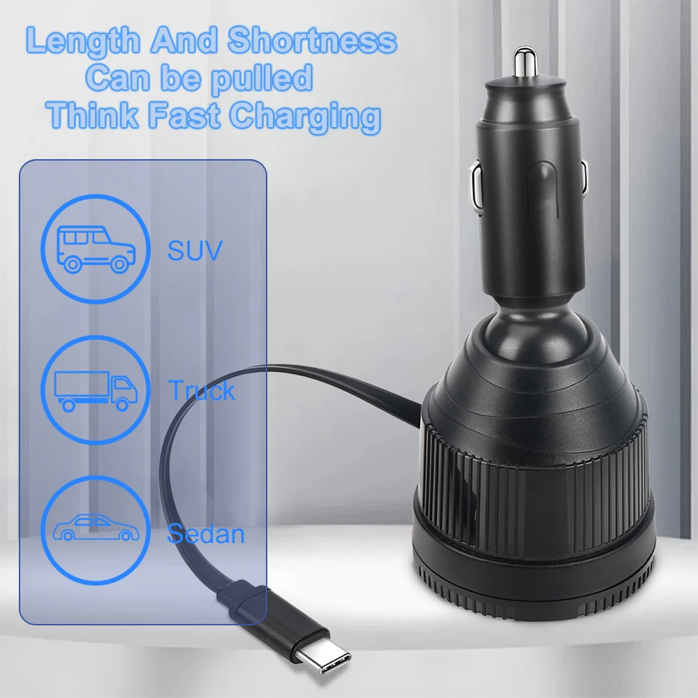 68W Power Adapter USB C Cable Retractable Charger Adapter USB PD Multifunctional Car Charger for iPhone Samsung Phone
