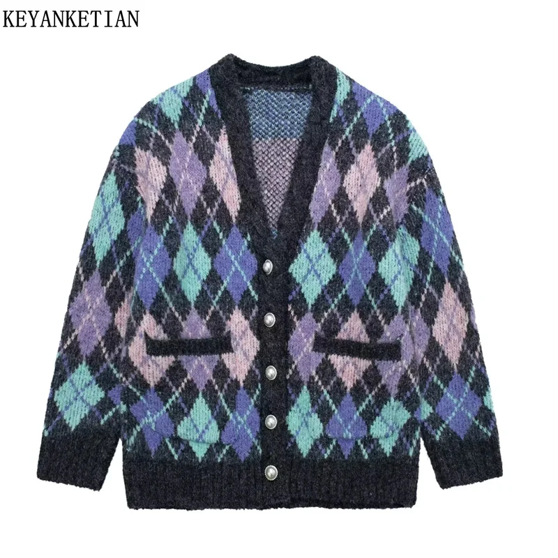 

KEYANKETIAN 2024 New Launch Women's Diamond Check Jacquard Knit Cardigan British Style Faux Gemstone Fasteners Sweater Coat Top