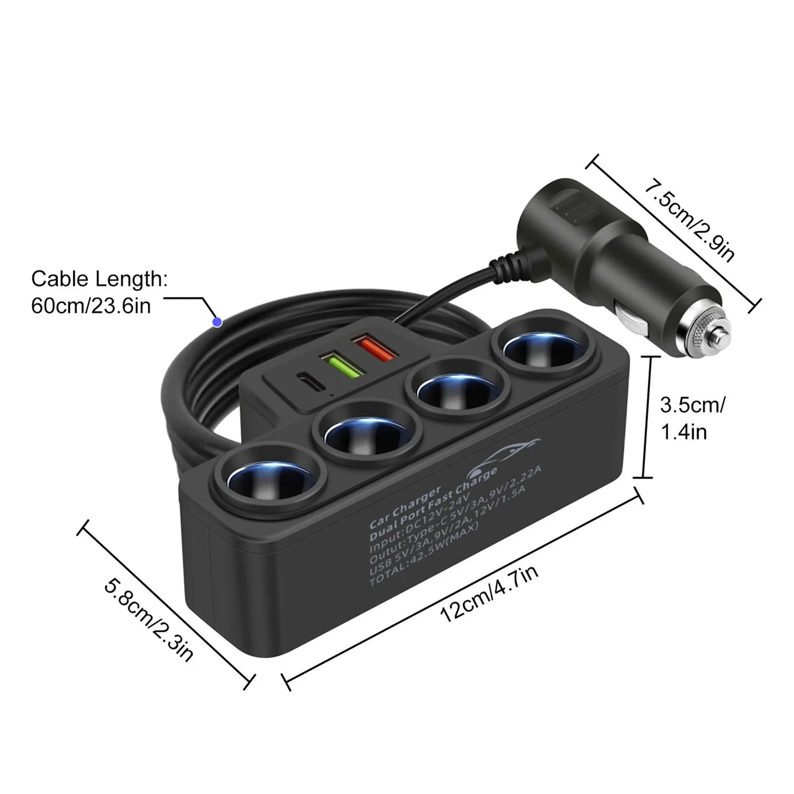 120W 7 in 1 Car Charger Adapter PD 4 Socket Cigarette Lighter Splitter Fast Charger Power Adapter DC 12-24V Auto Accessories