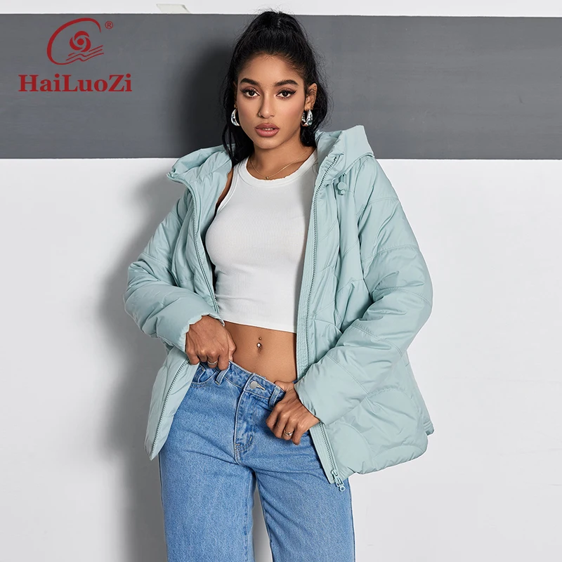 

HaiLuoZi 2024 New Spring Women's Coat Short Thin Cotton Slim Parkas Slant Pockets Hooded Zipper Style Women Jacket 1231