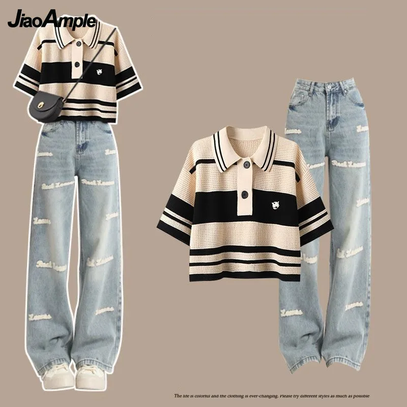 Women's Summer Knitted Short Sleeve Jeans Matching Set 2024 New Korean Chic Casual Polo Neck Blouse+Letter Denim Pants Two Piece
