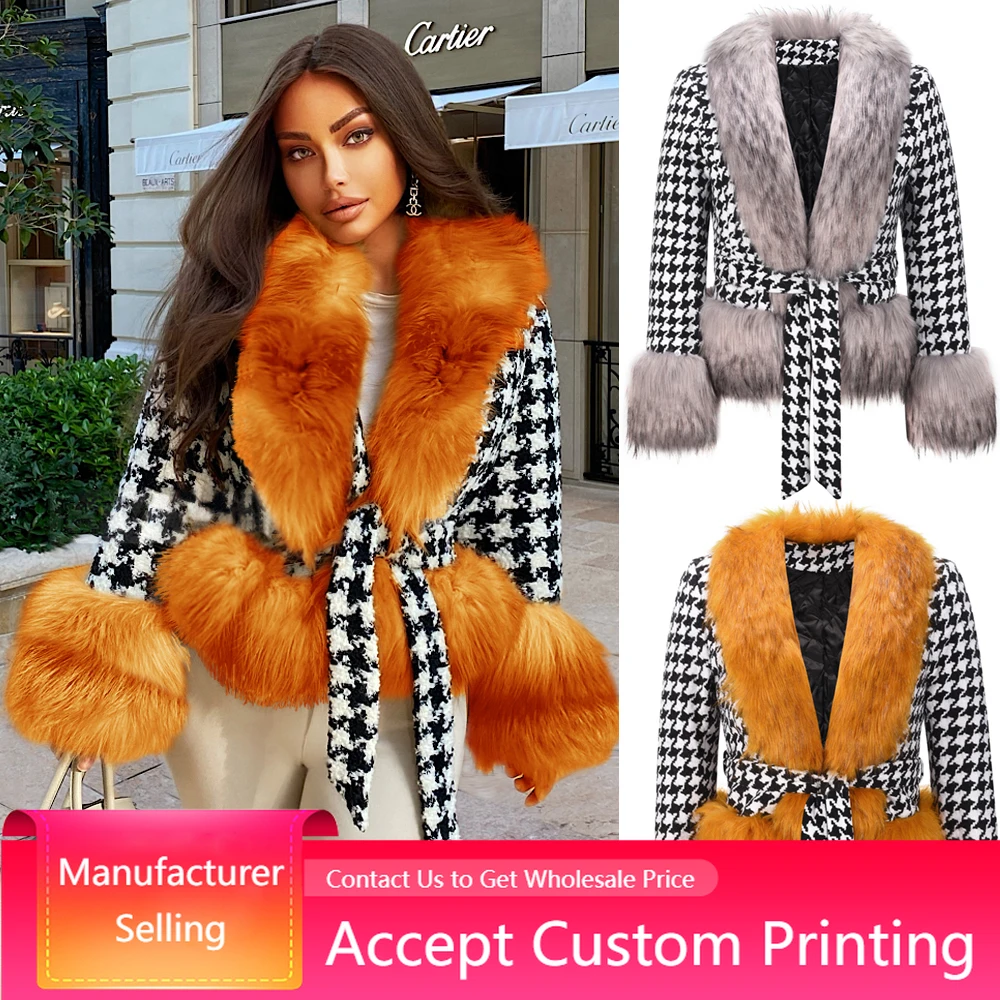 Women Coat Fur Collar Jackets Plaid Knit Outwear Short Thicken Warm Padded Female Lady Fashion Autumn Winter Clothes With Belt