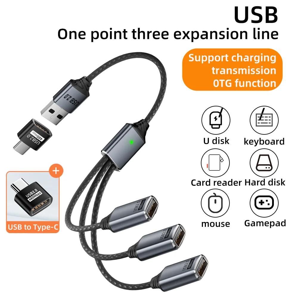 Multi-Port USB Expansion Hub: 3-in-1 Splitter Cable with USB-A/Type-C Outputs
