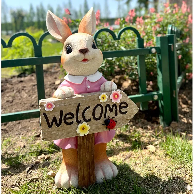 

Cute Rabbit Wayfinding Sign Resin Painted Animal Ornaments Garden Lawn Miniature Items Kindergarten Standing Style Welcome Sign