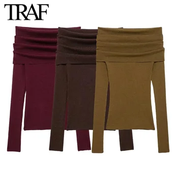 سترة محبوكة مكشوفة الكتفين بأكمام طويلة 1