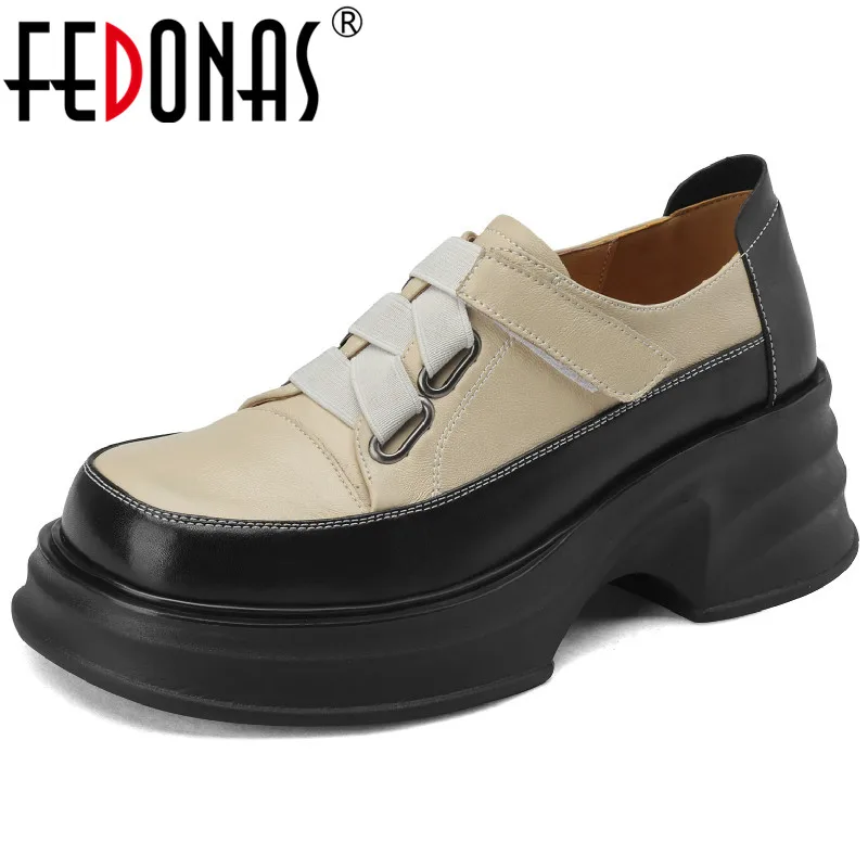 

FEDONAS Platforms Women Pumps Spring Summer Office Ladies Casual Outdoor Thick Heels Mixed Colors Genuine Leather Shoes Woman