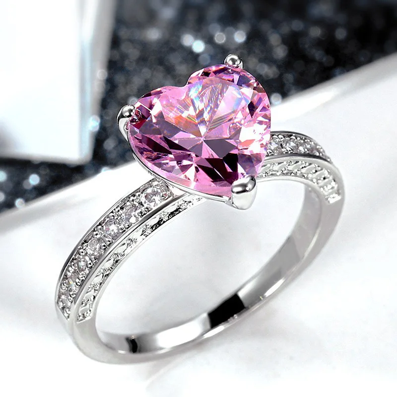 925 Sterling Silver Pink Heart Rings Women Brilliant Cubic Zirconia Bridal Wedding Party Rings Simple Stylish Female Accessories silver heart ring silver rings silver ring wedding rings