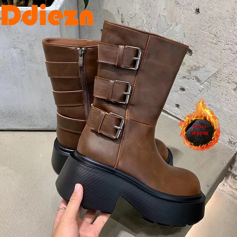

Женские сапоги до середины икры, теплые сапоги в западном стиле на плоской подошве, с ремешком и пряжкой, Осень-зима