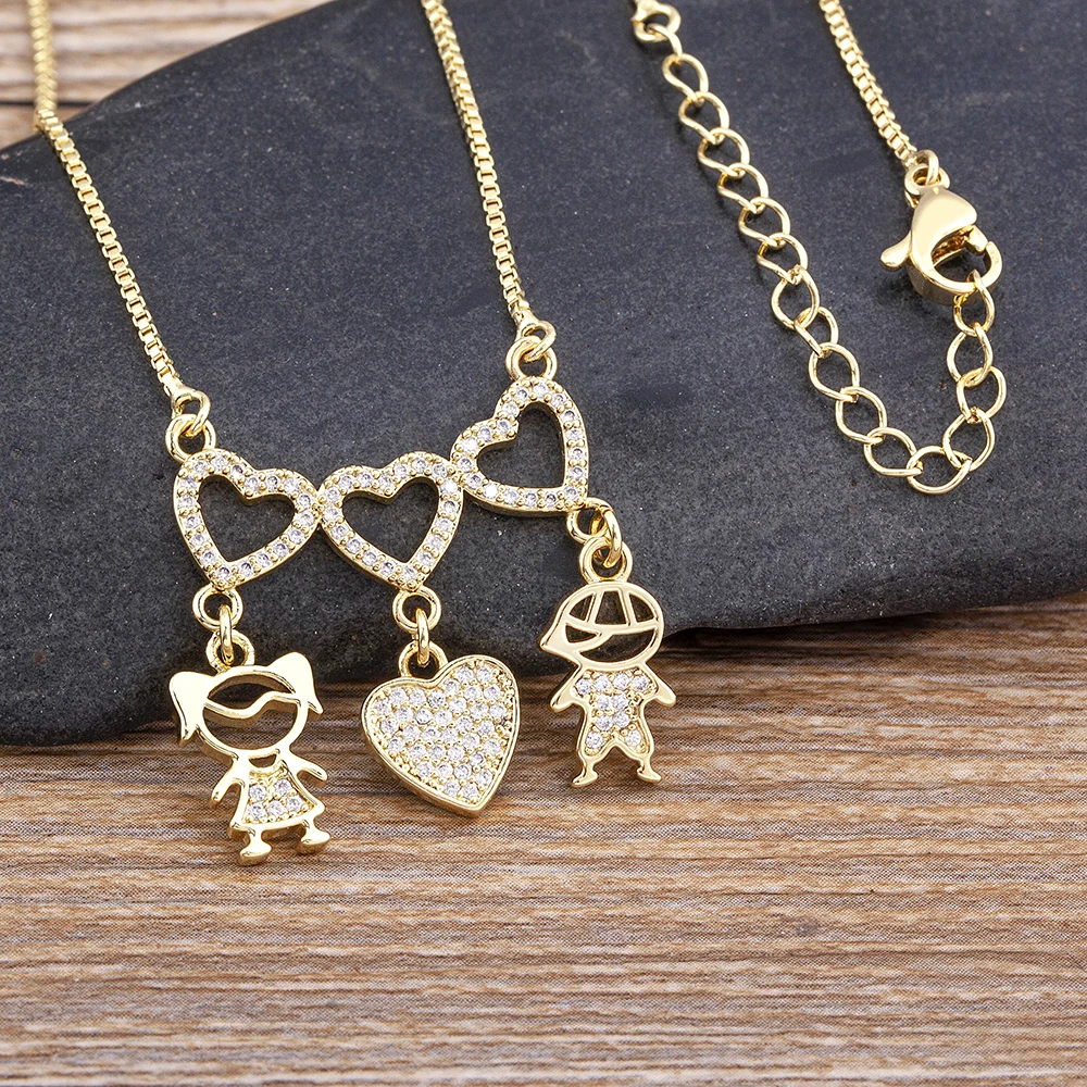 Hot Sale Personalized Boy Girl Heart Zircon Pendant Necklace Gold Color Women Kids Family Birthday Jewelry Mother's Day Gift