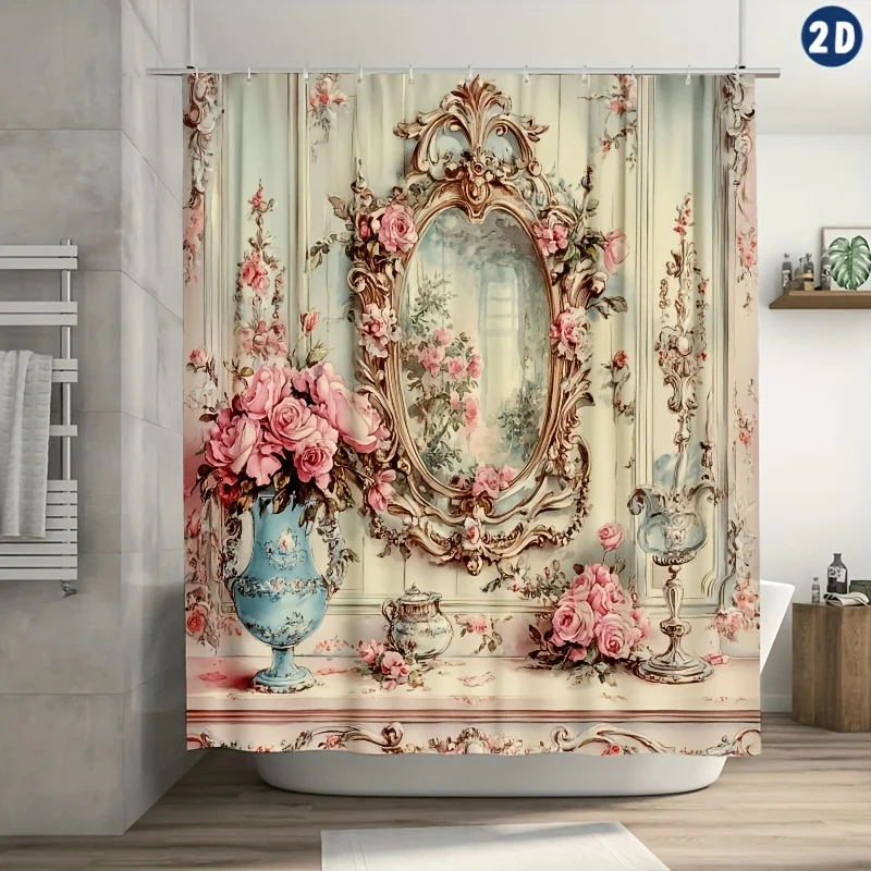 1PC Shabby Chic Vintage Floral Shower Curtain, Ornate Mirror & Pink Roses Design,  Machine Washable, for Bathroom Decor 1