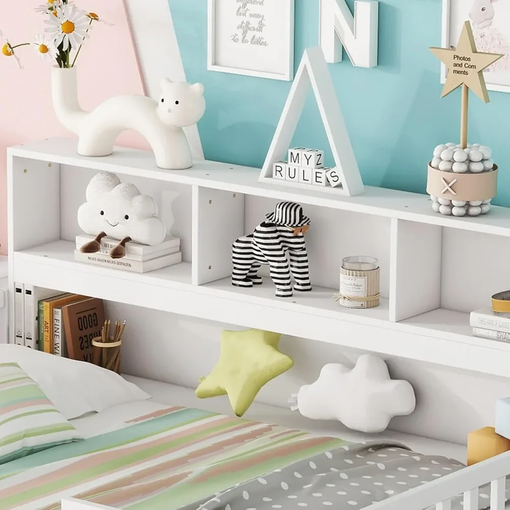 Kids Montessori Floor Bed, Full Size Floor Bed with Bookcase and Shelves, Full Bed Frame with Guardrails for Kids, Girls, Boys 5