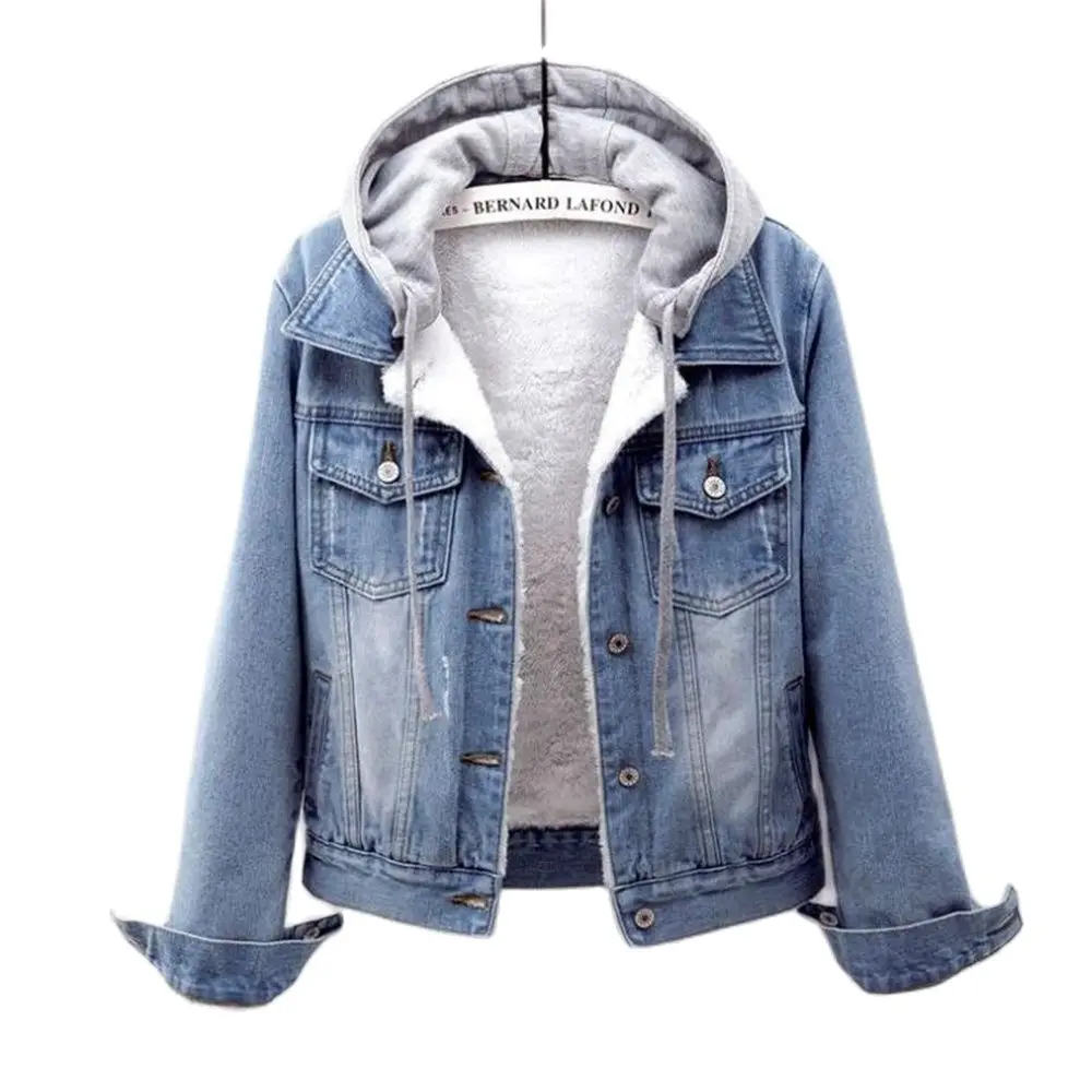 

Removable Hooded Coat Female Jeans Denim Ladies Top Bomber Outerwear Gray Cardigan Cowboy Hoody Warm Winter Jacket Women Autumn