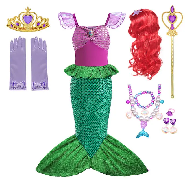 thumbnail image 1 of Disney-traje de baño de cola de sirena para niña, conjunto de Bikini con corona, traje de baño para fiesta de natación, disfraz de sirena, 1 of 5