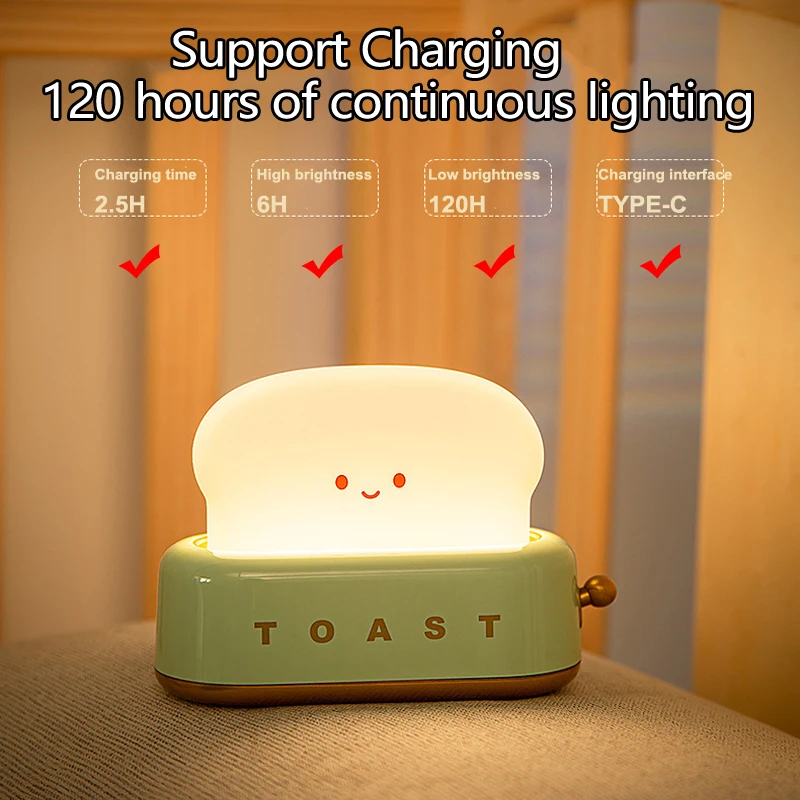 Bread Toast Table Light Toaster Nightlight Creative USB Rechargeable Led Lamp Decor Holiday Baby Bedroom For Birthday Gift 3