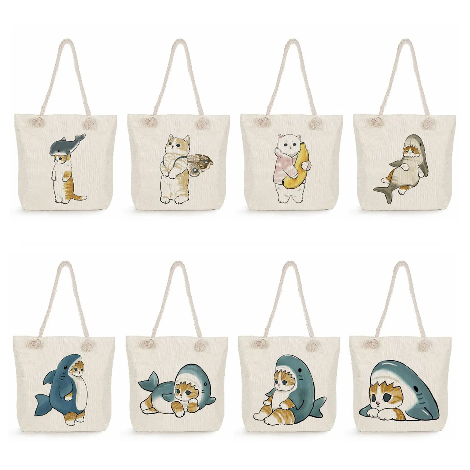 

Travel Beach Bags Kawaii Shopper Bags For Female High Capacity Cartoon Handbags Thick Rope Tote Bags Cute Shark Cat Shopping Bag