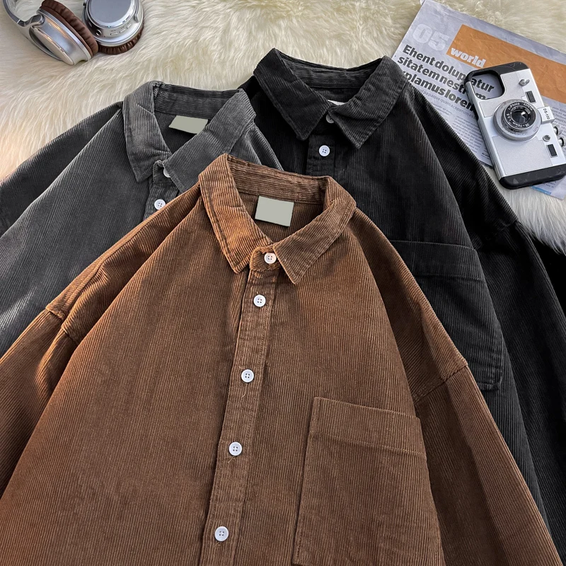 

2023 Men's Corduroy Autumn Fashion Shirts Loose Solid Color Korean Male Blouse Tops Long Sleeve Vintage Clothing Shirts M03