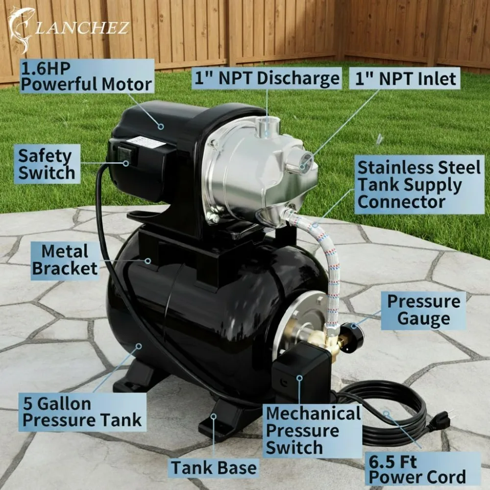 1.6HP Stainless Steel Shallow Well Pump with 1340 GPH Flow Rate, 115V Automatic Irrigation Booster Pump and Pressure Tank