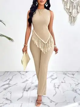 Textured suit pants set with fringed hem, asymmetrical vest, and straight-leg pants 1
