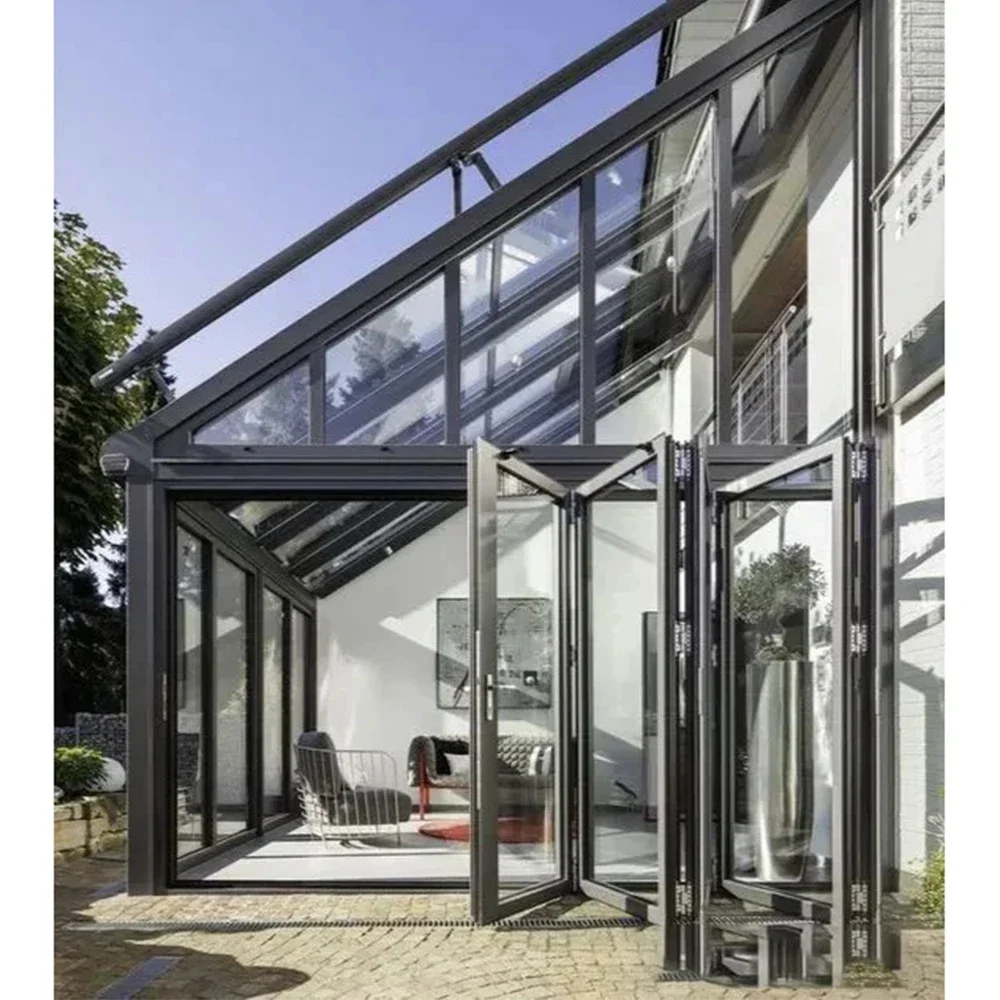 Sixinalu 4 Panel Folding Door 3x2.2M 6.4Sq Exterior Accordion Doors Aluminum Sliding Glass Garden Door Home Decor Customize