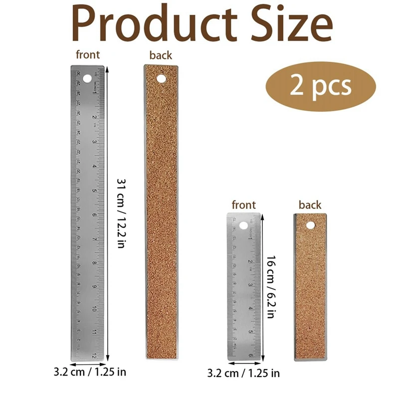 Stainless Steel Cork Back Metal Ruler, 6 Inch 12 Inch Straight Edge Cork Base Rulers, Metal Ruler Backed