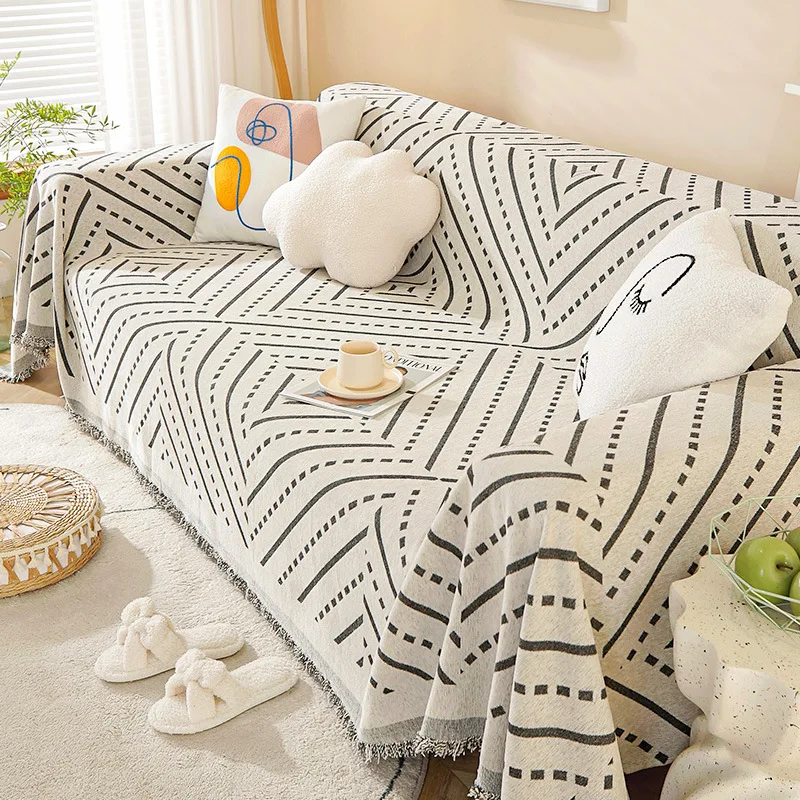 Art Deco Chenille Sofa Throw Covers &ndash; Machine Washable, Pet Friendly Stylish Geometric Design Throw with Fringe