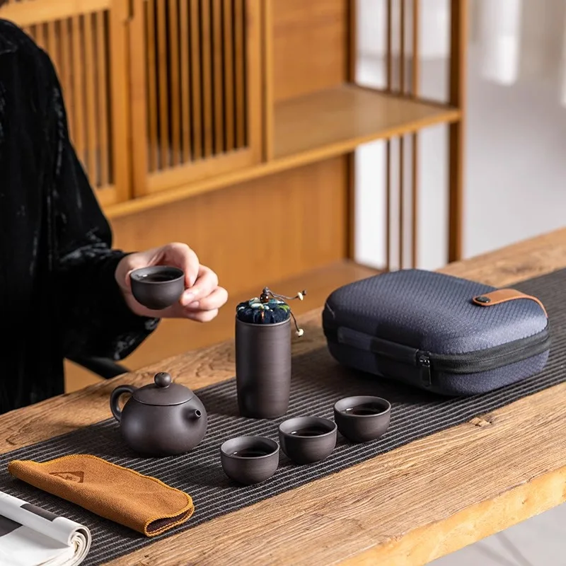 HMLOVE Purple Sand Tea Set Chinese Kung Fu Portable Travel Teaware Ceremony Puer Kettle Clay Pot 4 Cups Tea Can
