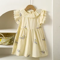 New Kids Dresses Girls Summer Khaki Embroidered Ruffle Edge Dress Sleeveless Lace Round Neck Dress Kids Clothes Princess Dresses